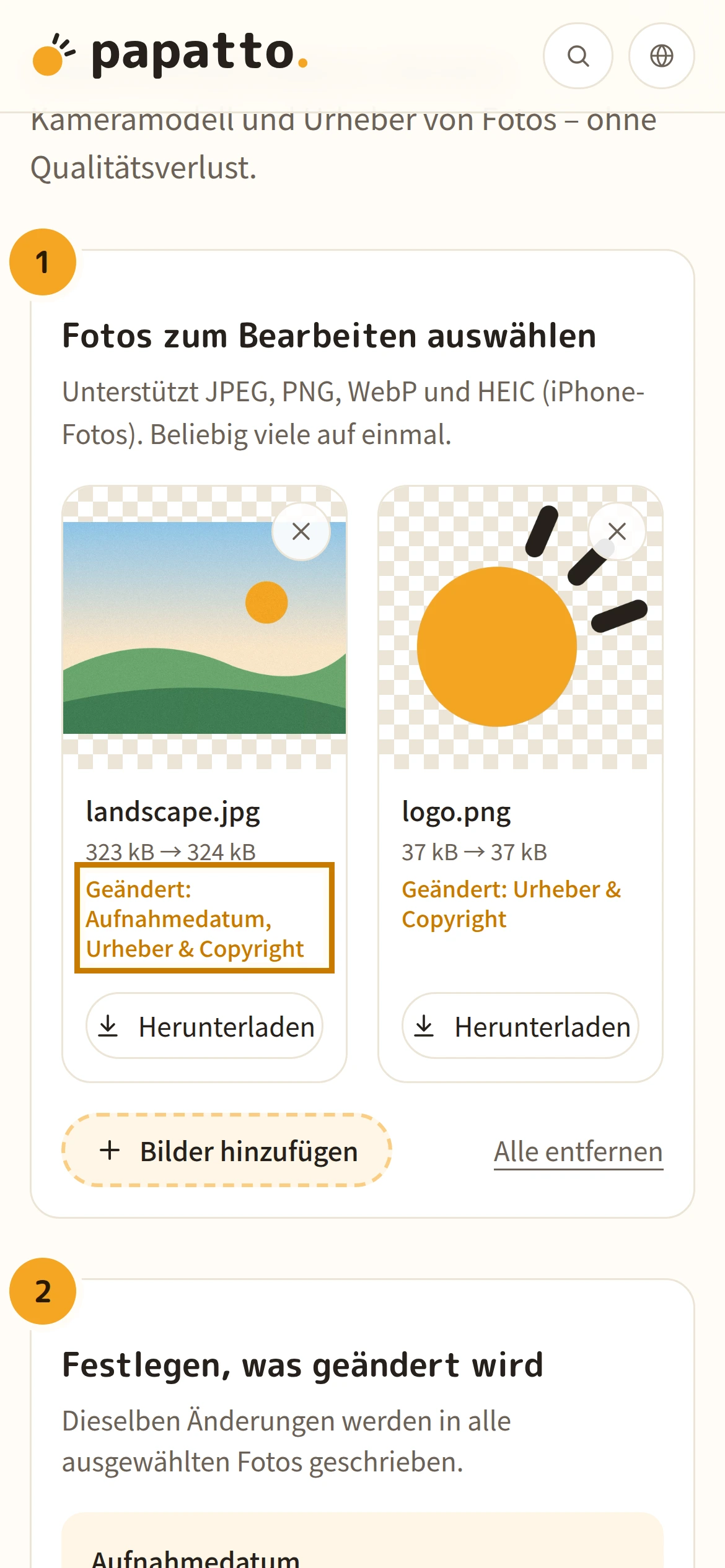 Die Liste der Fotos mit den geänderten Einträgen