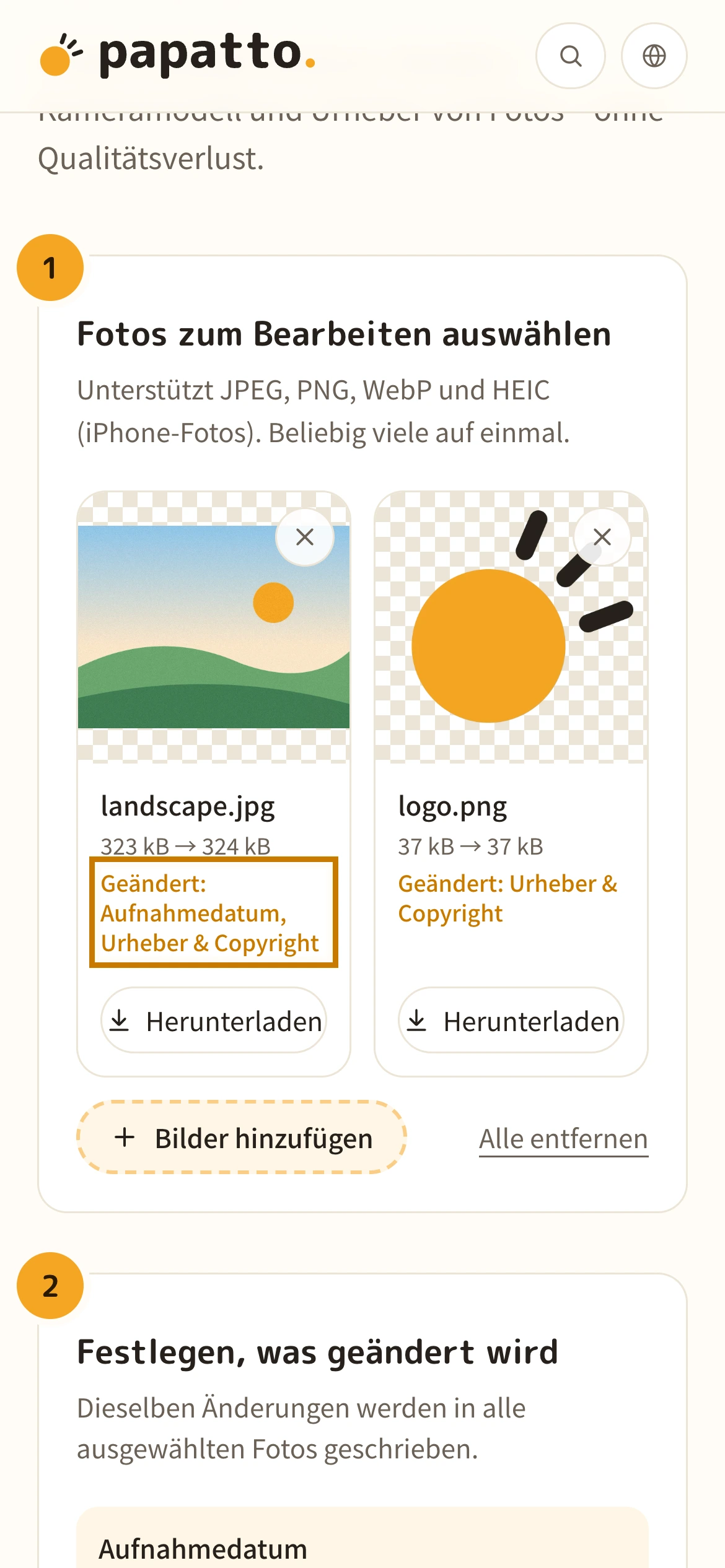 Die Liste der Fotos mit den geänderten Einträgen