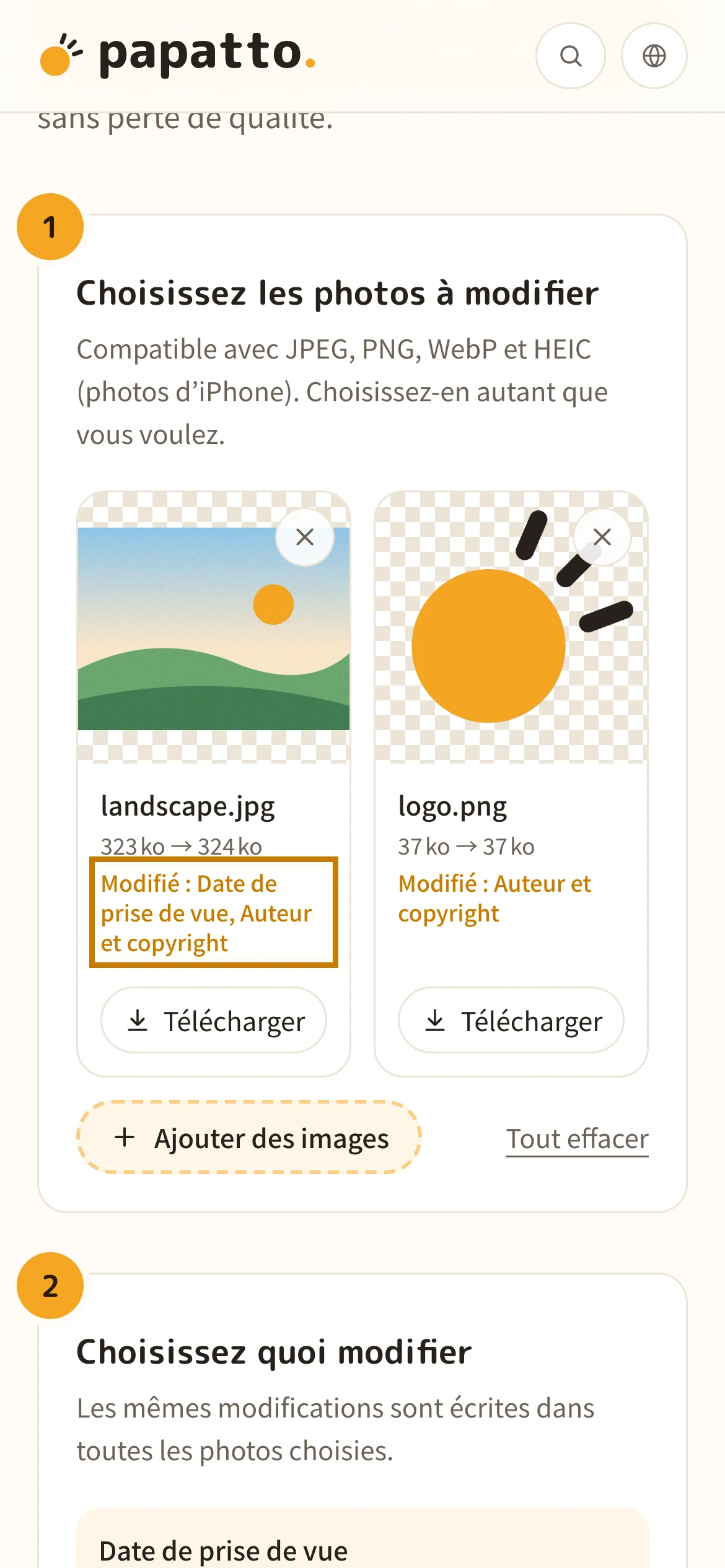 La liste des photos avec les éléments modifiés