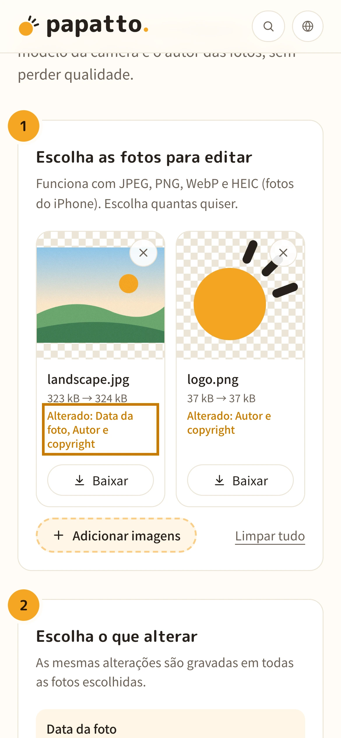 A lista de fotos com os itens alterados
