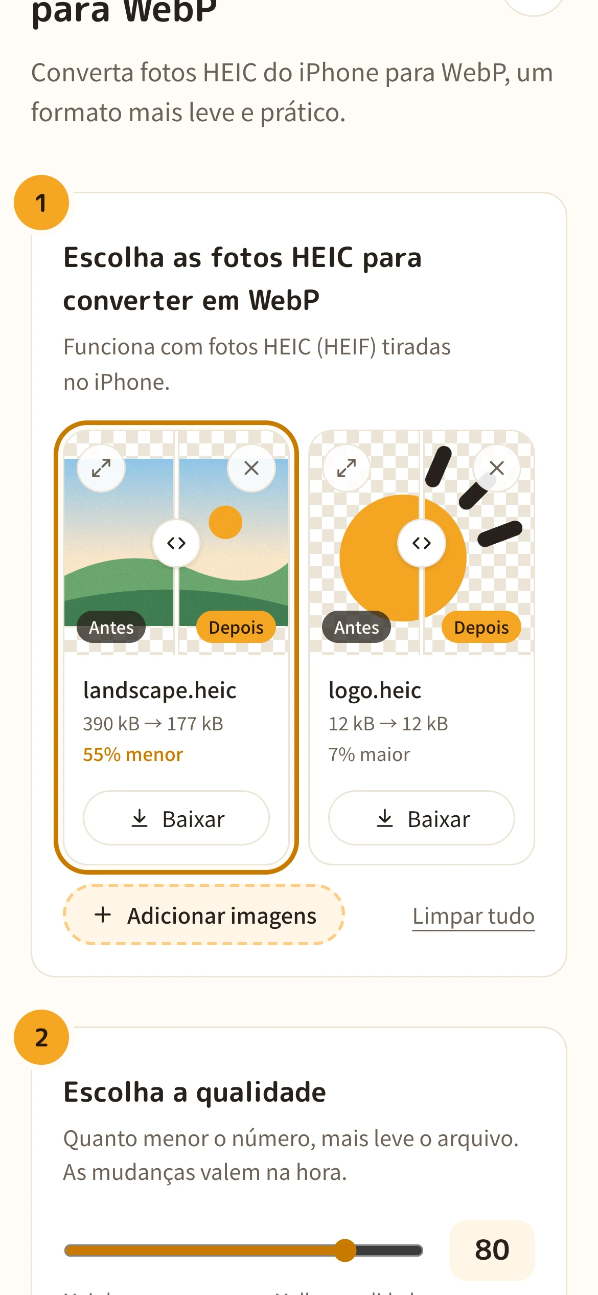 A lista de fotos convertidas para WebP