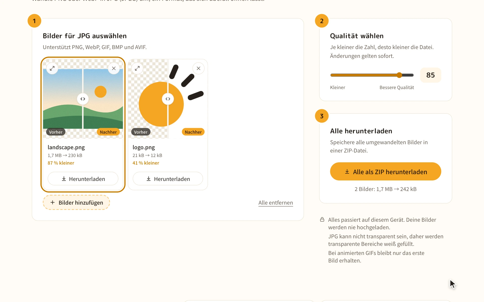 Die Liste der in JPG umgewandelten Bilder