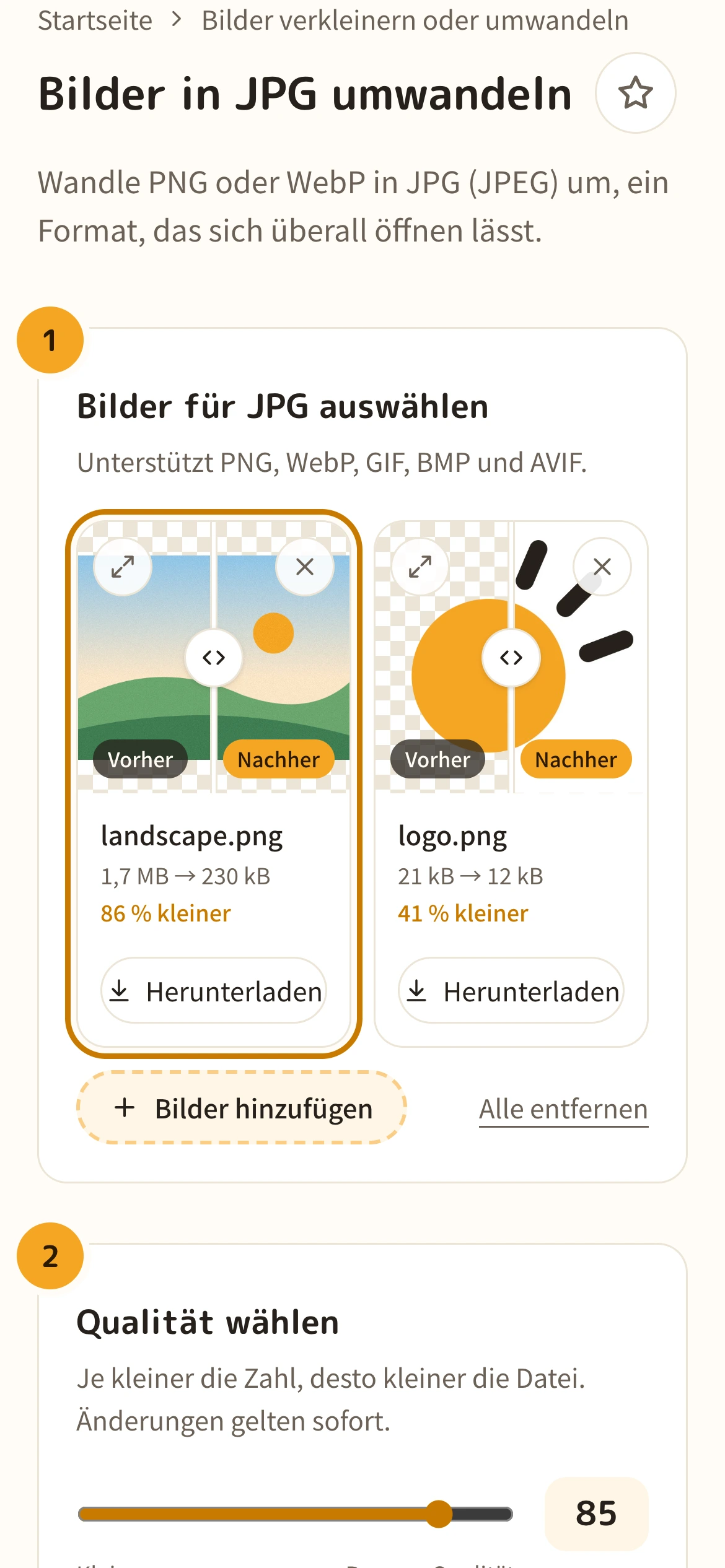 Die Liste der in JPG umgewandelten Bilder