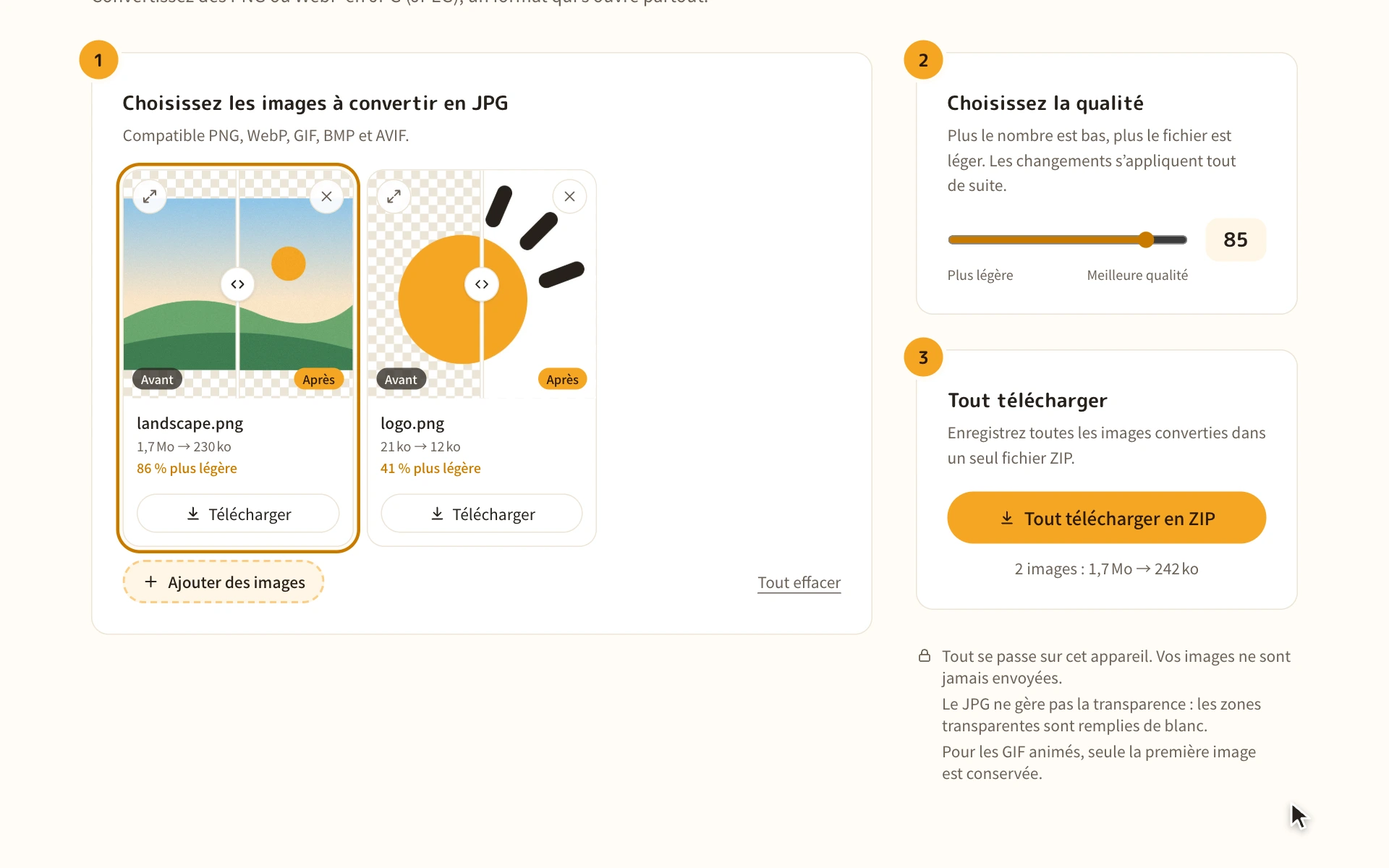 La liste des images converties en JPG