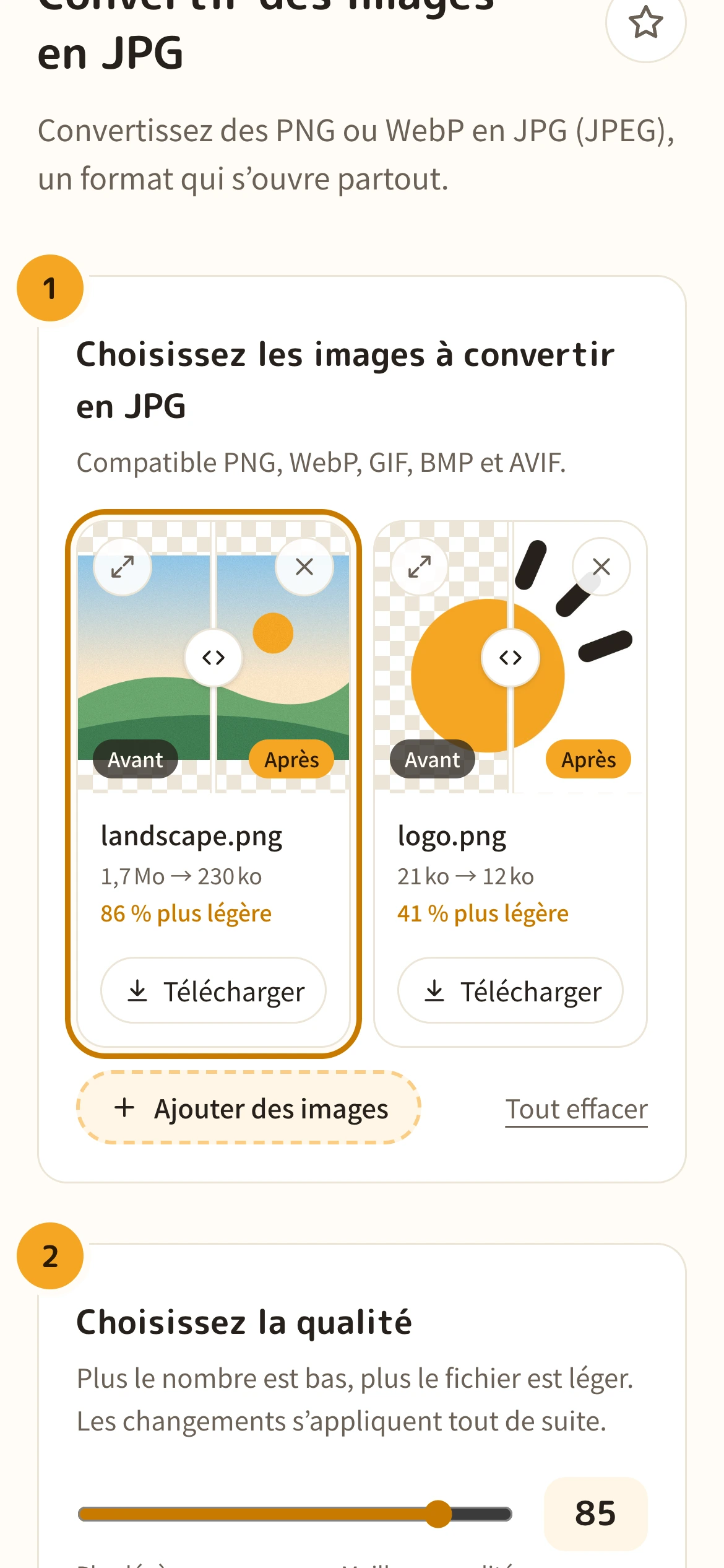 La liste des images converties en JPG