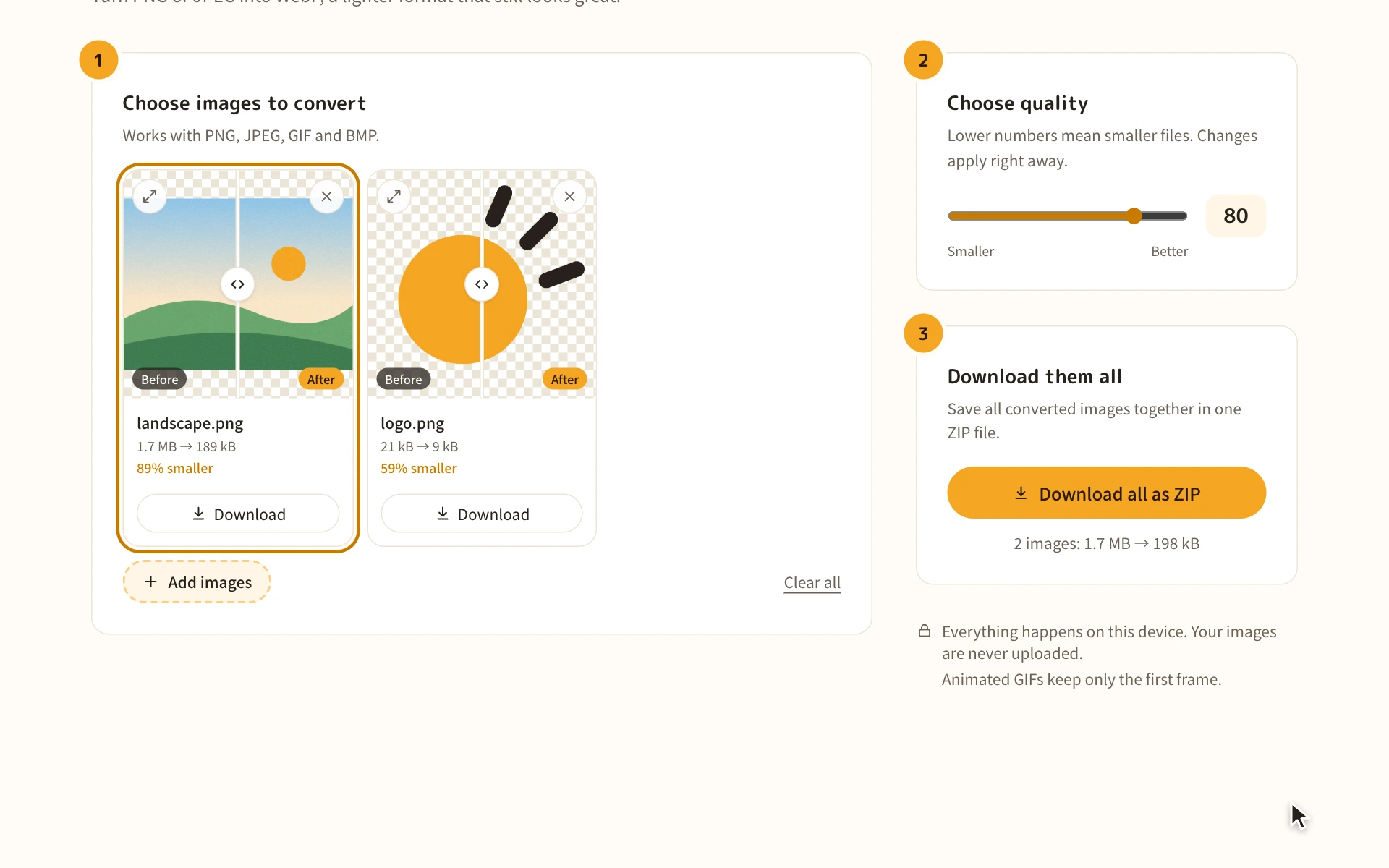 Converted images with their new sizes