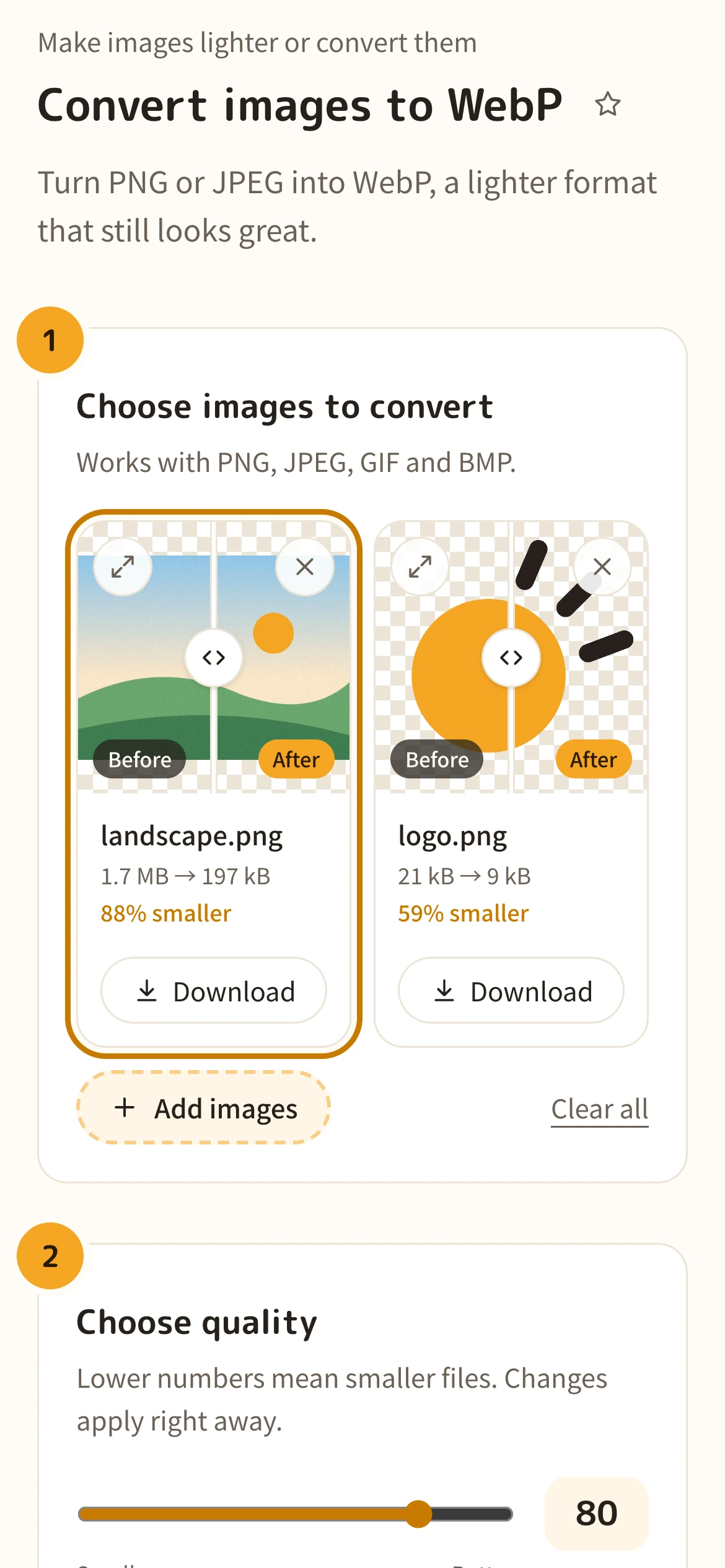 Converted images with their new sizes