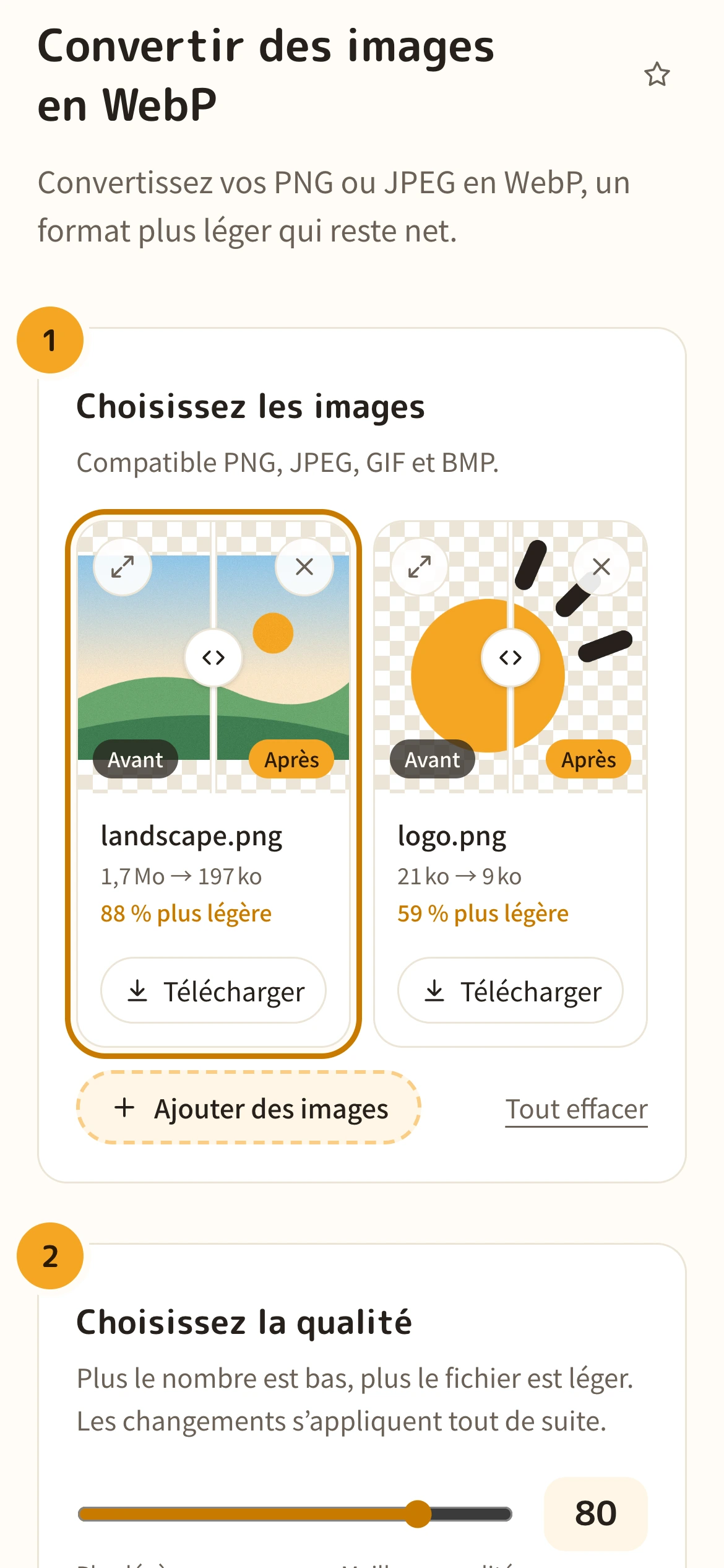 Les images converties avec leur nouvelle taille