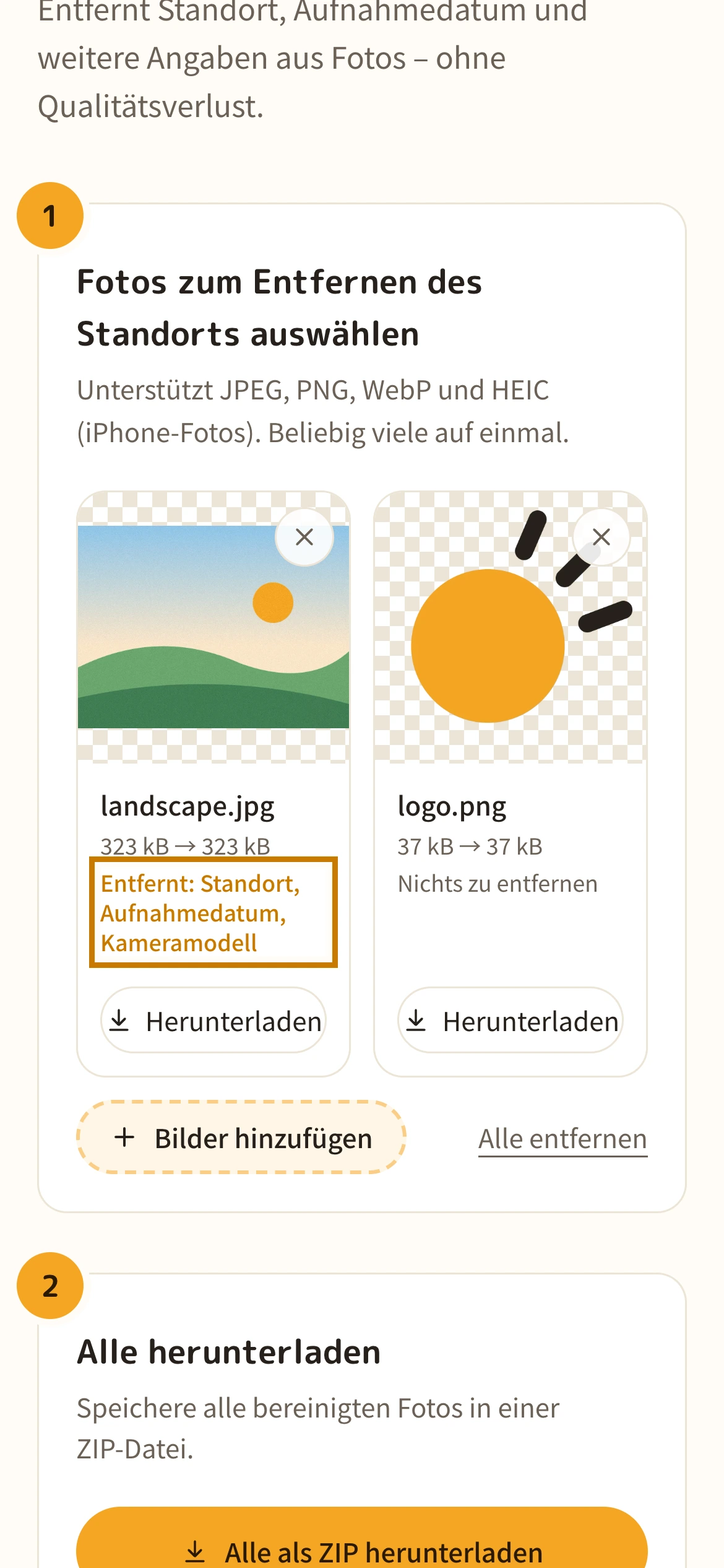 Die Liste der Fotos mit den entfernten Angaben
