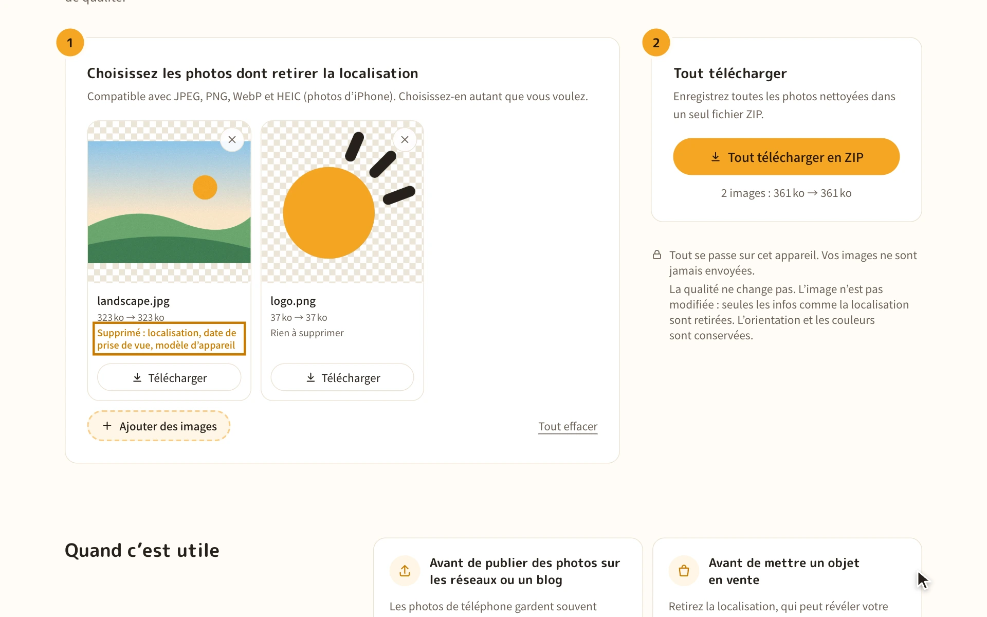 La liste des photos avec ce qui a été supprimé