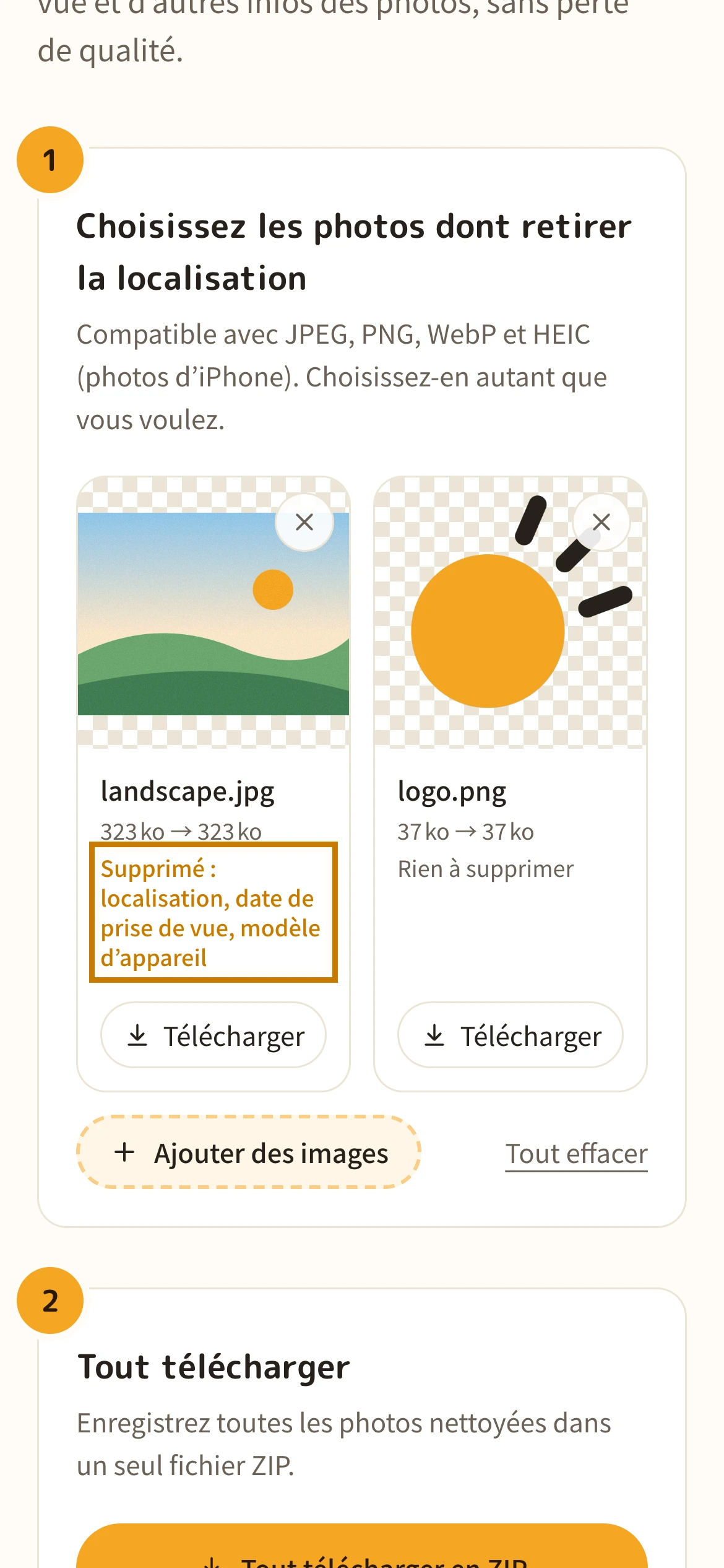 La liste des photos avec ce qui a été supprimé